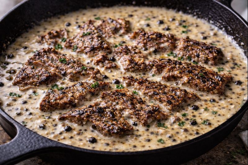 Peppercorn Ribeye with creamy Parmesan Pan Sauce
