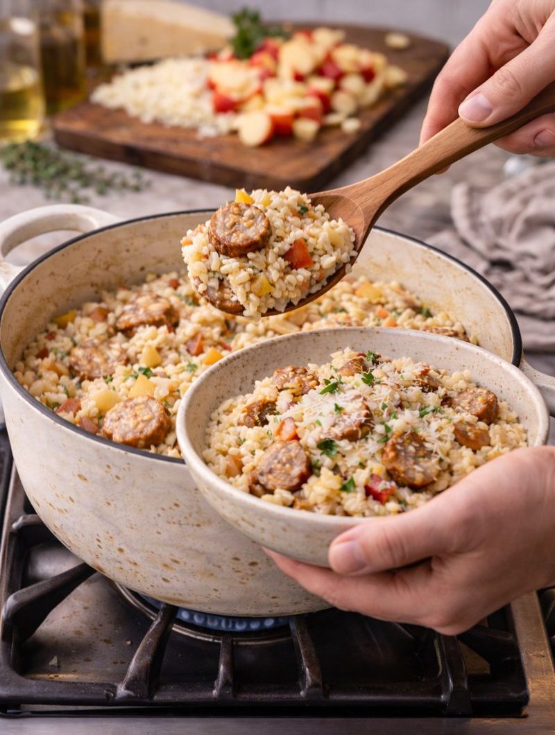 Creamy Chicken Sausage And Apple Oven Baked Risotto